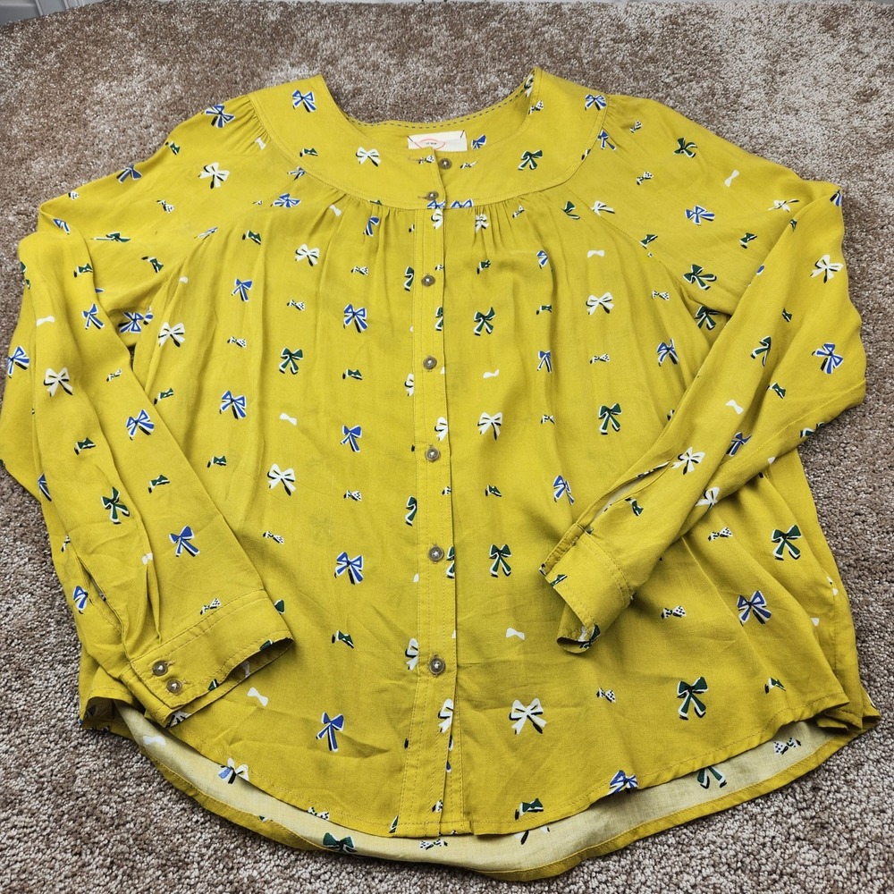 Conversations by Anthropologie Mustard Yellow Bow Print Blouse Size 8 Limited Ed